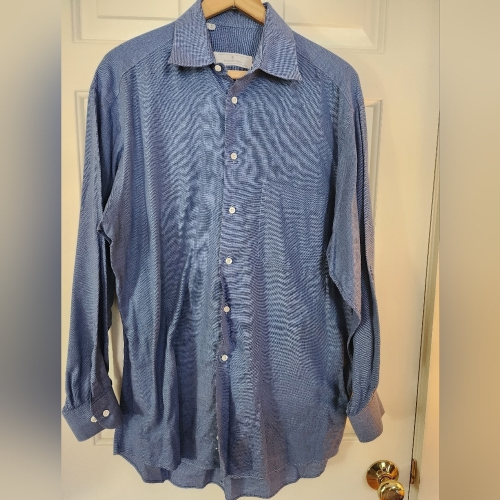 Ermenegildo Zegna Button Collar Shirt Size Small Blue Casual Office Business